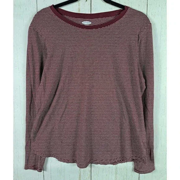 Old Navy Size Large Womens Red White Striped Long Sleeve Cotton Top - Picture 1 of 8